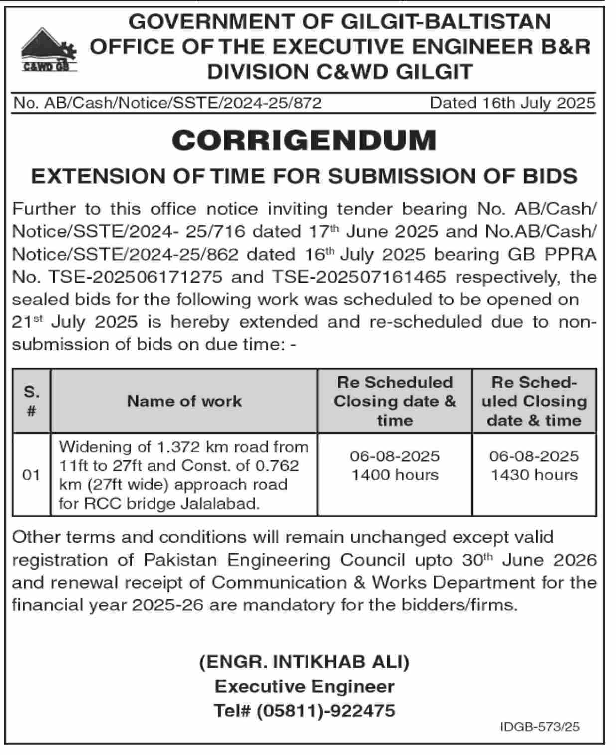 B&R Division Gilgit Tender Notice